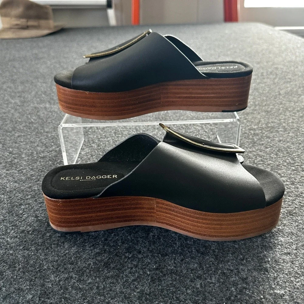 Kelsi Dagger Brooklyn Black Leather Platform Slide Buckle Sandals Size 6 36.5